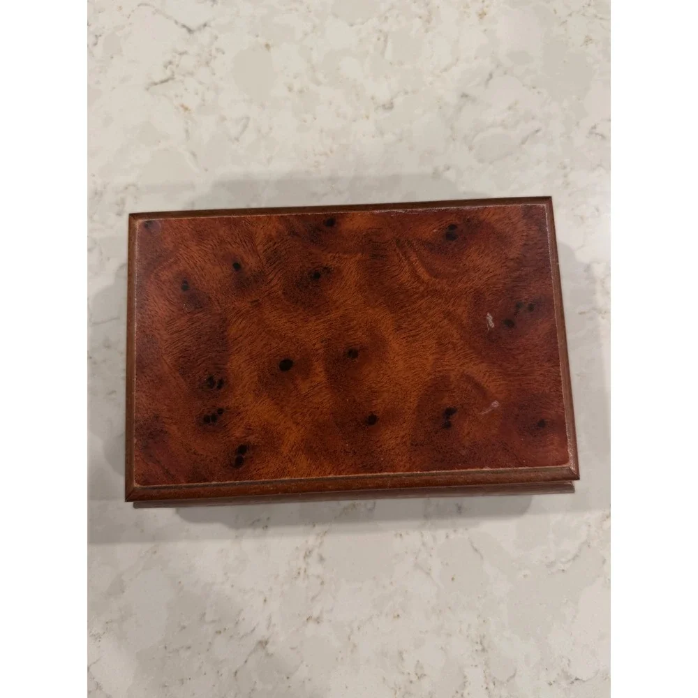 Vintage Powell Burl Wood Jewelry Box Red Felt Lined Valet Trinket Organizer
